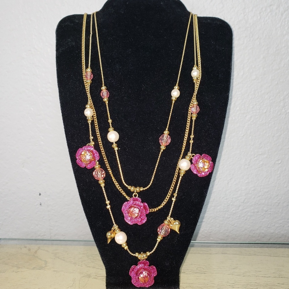Betsey Johnson Layered Glittering Rose Necklace